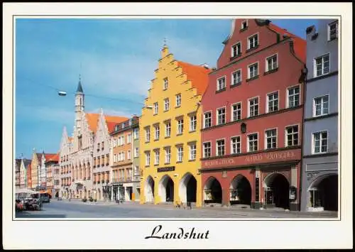 Ansichtskarte Landshut Altstadt mit Rathaus, Geschäfte 1990