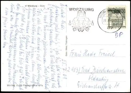 Ansichtskarte Würzburg Dom Außenansicht, Verkehr Autos u.a. VW Käfer 1969