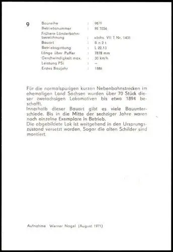 Ansichtskarte  DDR Sammelkarte Thema Dampflokomotive Baureihe 98 1971