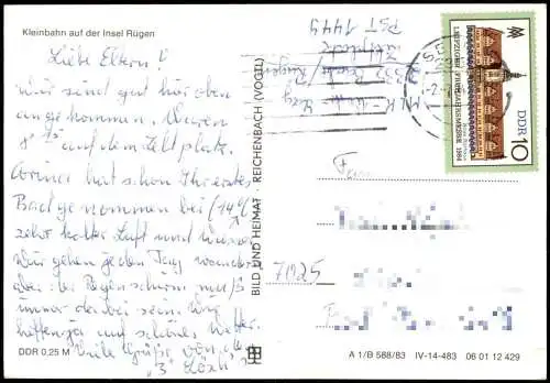 Ansichtskarte .Mecklenburg-Vorpommern Kleinbahn auf der Insel Rügen 1983