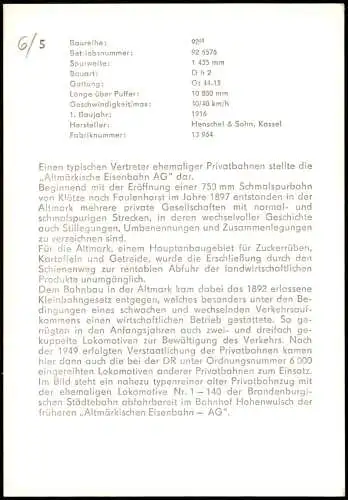 DDR Sammelkarte Dampflokomotive Baureihe 92 Altmärkische Eisenbahn AG 1975