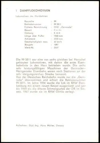 Sammelkarte  DDR Sammelkarte Dampflokomotive Lokomotive der Harzbahnen 1970