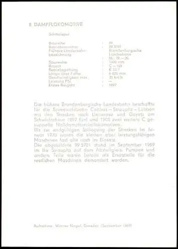 DDR Sammelkarte Dampflokomotive Brandenburgische Landesbahn 1969