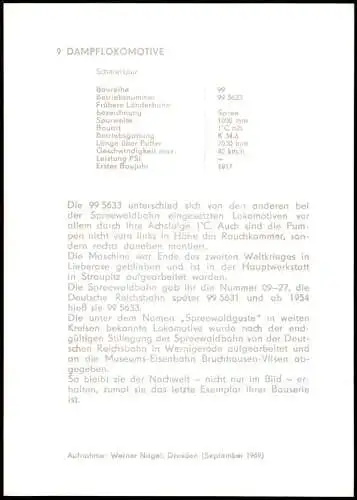 DDR Sammelkarte Dampflokomotive Schmalspur Lok Spreewaldbahn 1969