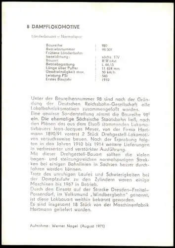 Sammelkarte  DDR Sammelkarte Dampflokomotive Dampflok der Baureihe 98 1971