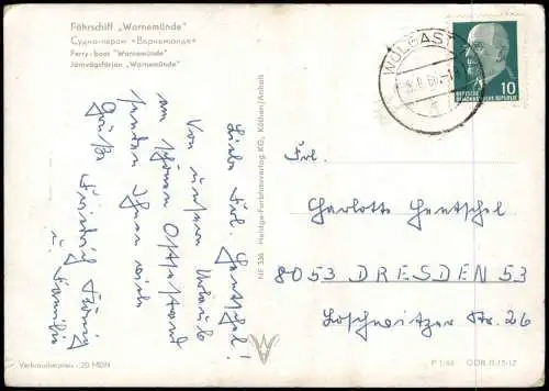 Ansichtskarte  DDR Schiff Ship Schiffsfoto-AK Fährschiff "Warnemünde" 1966
