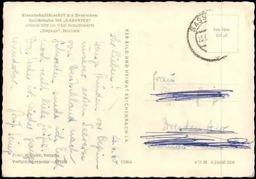 Ansichtskarte  Eisenbahnfahrschiff der Deutschen MS SASSNITZ - Schiff 1960