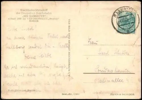 Ansichtskarte  Eisenbahnfährschiff der Deutschen Reichsbahn 1959