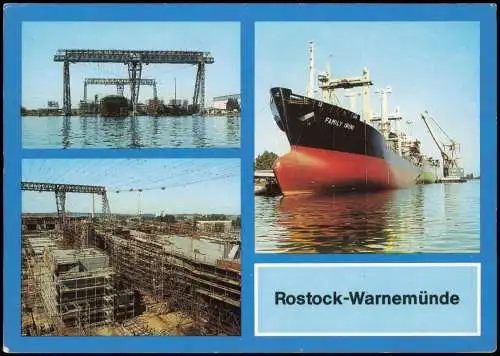 Rostock Kabelkrananlage (2), Frachter am Kai "Family Irini" 1989