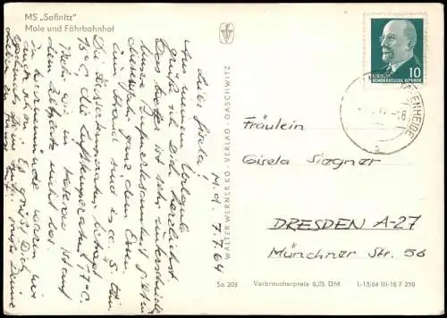 Ansichtskarte  DDR Fährschiff MS Saßnitz vor der Mole und Fährbahnhof 1964