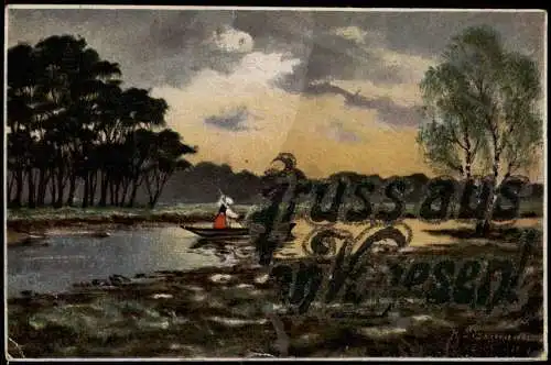 Ansichtskarte  Künstlerkarte Frau auf Kahn Fluß Landschaft 1914
