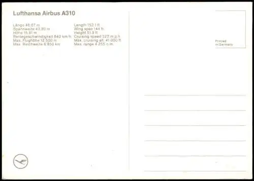 Ansichtskarte  Flugzeug Airplane Avion Lufthansa Airbus A310 1980