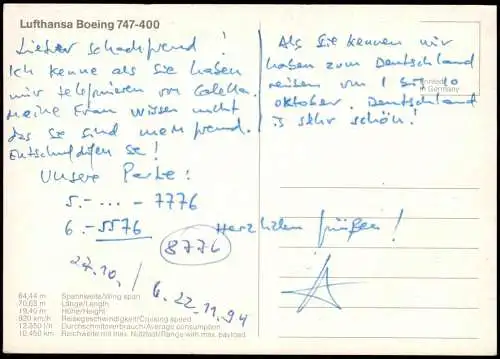 Ansichtskarte  Flugzeug Airplane Avion Boeing 747-400 Lufthansa 1994