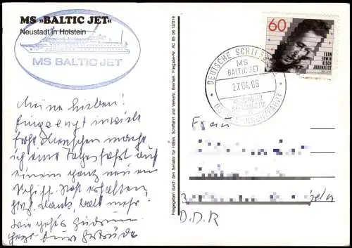 Ansichtskarte    Schiff MS BALTIC JET 1986  mit Bordpost-Stempel des Schiffes
