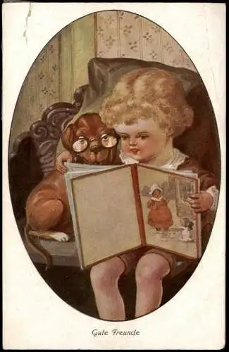 Ansichtskarte  Kinder Künstlerkarte Junge und Hund lesen Buch 1917