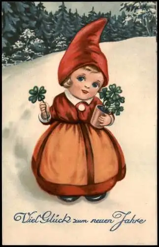 Mädchen als Zwerg mit Kleeblatt Neujahr Sylvester New Year 1927