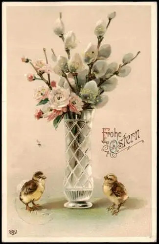 Ansichtskarte  Ostern Easter Vase mit Weidenkätzchen Küken 1913