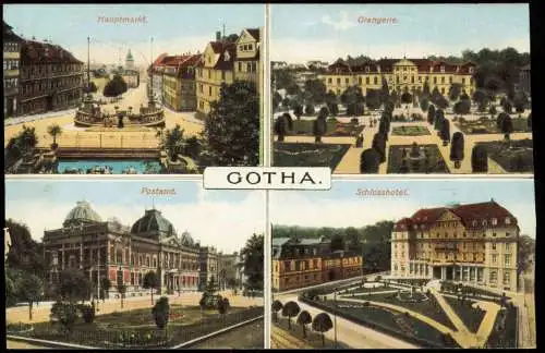 Ansichtskarte Gotha 4 Bild Hauptmarkt. Orangerie. Postamt. Schlosshotel. 1916
