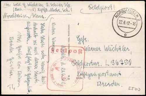 Ansichtskarte Nordhausen 4 Bild Totale Museum 1942  gel. roter Feldpoststempel