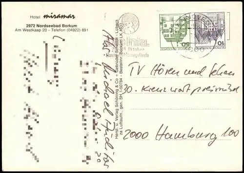 Ansichtskarte Borkum Luftbild Luftaufnahme mit Hotel Miramar am Strand 1980