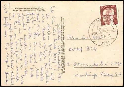 Ansichtskarte Spiekeroog Luftaufnahme aus 1000 m Flughöhe 1974
