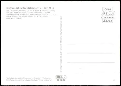 Ansichtskarte  Elektro-Schnellzuglokomotive 103 175-6 bei Bebra 1989/1995