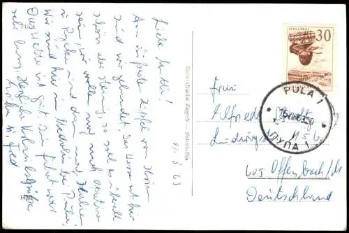 Postcard Pula Pola Panorama-Ansicht, Ortsansicht mit Segelboot 1969