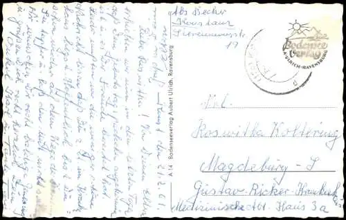 Ansichtskarte Konstanz Bodensee Rhein-Ausfluss mit Schweizer Alpen 1961