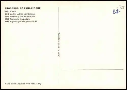 Ansichtskarte Augsburg Künstlerkarte Ansicht der ST. ANNA-KIRCHE 1960