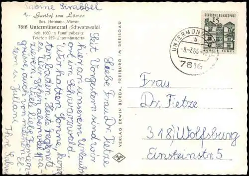 Ansichtskarte Münstertal Schwarzwald Gasthof zum Löwen 1965