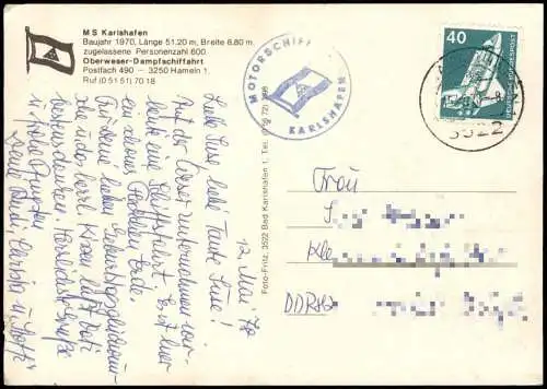 Ansichtskarte  MS Karlshafen Motorschiff Oberweser  1978  Bordstempel