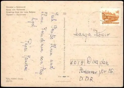 Postcard Plattensee Segelboot Üdvözlet a Balatonról Plattensee 1968