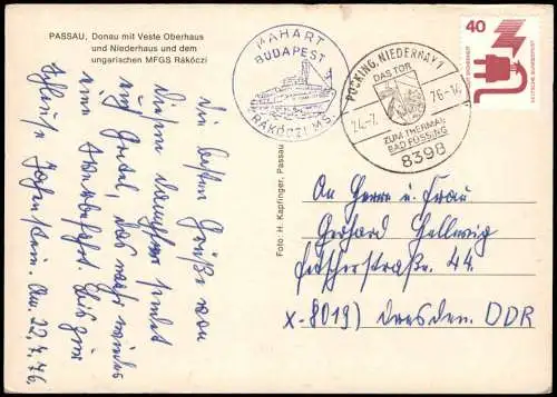 Ansichtskarte Passau MFGS Rákóczi Donauschiff Ungarn 1976  Bordstempel