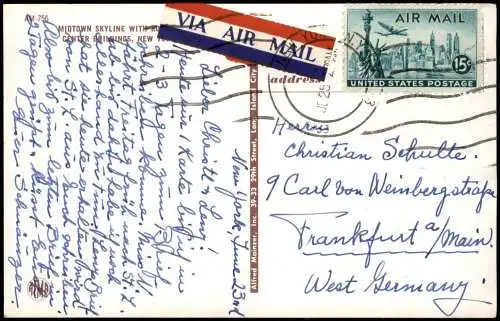 Postcard Manhattan-New York City Luftbild Areal View Midtown Skyline 1972