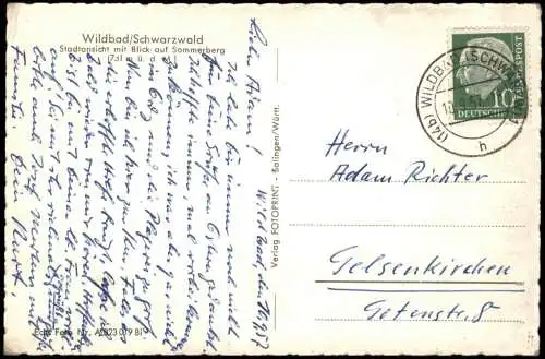 Bad Wildbad Stadt-Ansicht mit Blick auf Sommerberg, Autos u.a. VW Käfer 1957