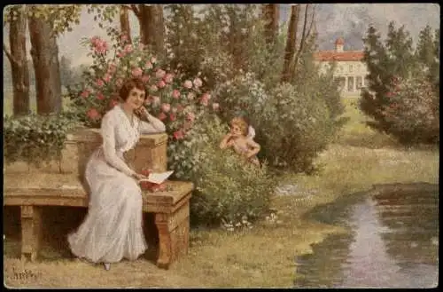 Ansichtskarte  Künstlerkarte Nansen: Liebesgedanken Frau und Engel 1914