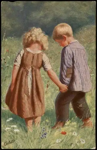 Kinder Künstlerkarte Der gute Kamerad Junge und Mädchen halten Händchen 1914