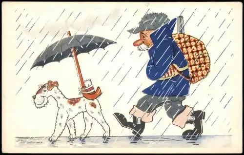 Ansichtskarte  Scherzkarte UDSSR Mann und Hund im Regen 1968