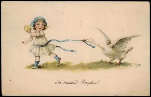 Ansichtskarte  Kinder Künstlerkarte Mädchen mit Herz und Schwan 1918