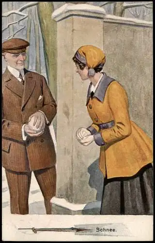 Ansichtskarte  Künstlerkarte Mann und Frau mit Schneebällen Schnee 1920