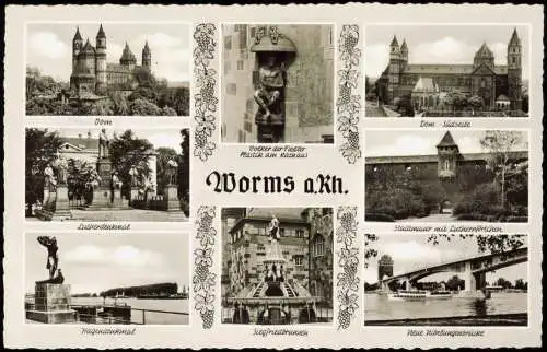 Worms Mehrbild-AK  Hagendenkmal Siegfriedbrunnen Stadtmauer  1960
