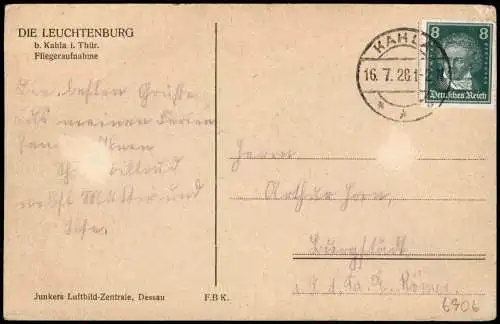 Ansichtskarte Kahla (Thüringen) Luftbild Leuchtenburg 1928