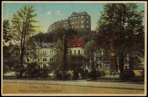Ansichtskarte Greiz Oberes Schloß und Bismarck-Denkmal 1928