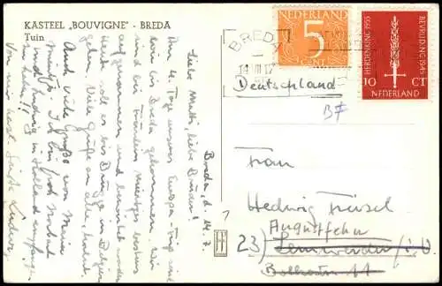 Postkaart Breda Kastell Bouvigne Tuin 1955