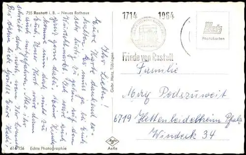 Ansichtskarte Rastatt Straßenpartie am Rathaus 1964