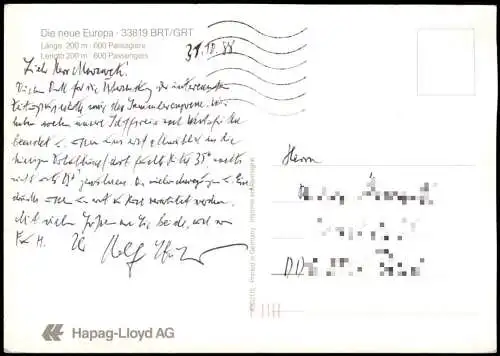 Ansichtskarte  Luxusliner Schiff Europa Hapag Lloyd 1988