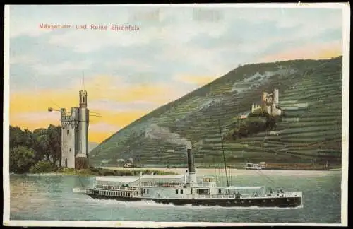 Ansichtskarte Rüdesheim (Rhein) Mäuseturm und Ruine Ehrenfels 1907