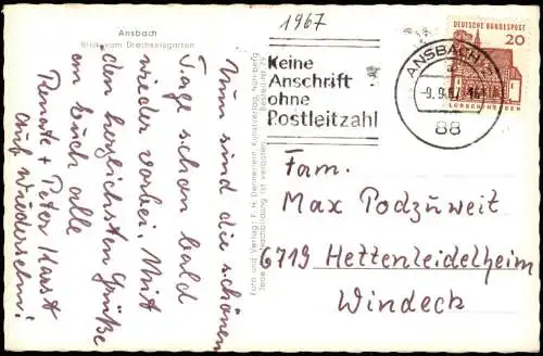 Ansichtskarte Ansbach Blick vom Drechselsgarten 1967