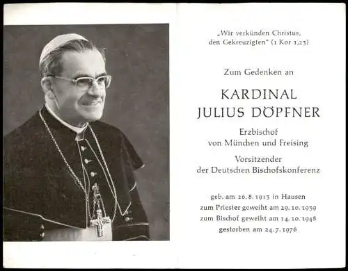 Portrait Geistliche - Kirche Religion Kardinal Julius Döpfner 1977