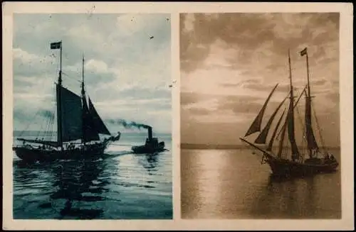 Ansichtskarte  An der Wasserkante: Segelboot von Dampfschiff gezogen 1908